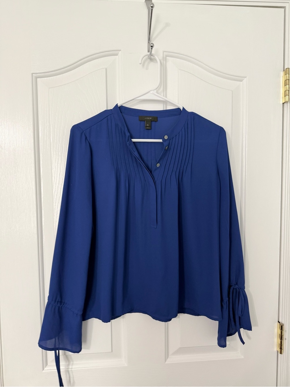JCrew Royal Blue Pleated half button Long Sleeve Blouse